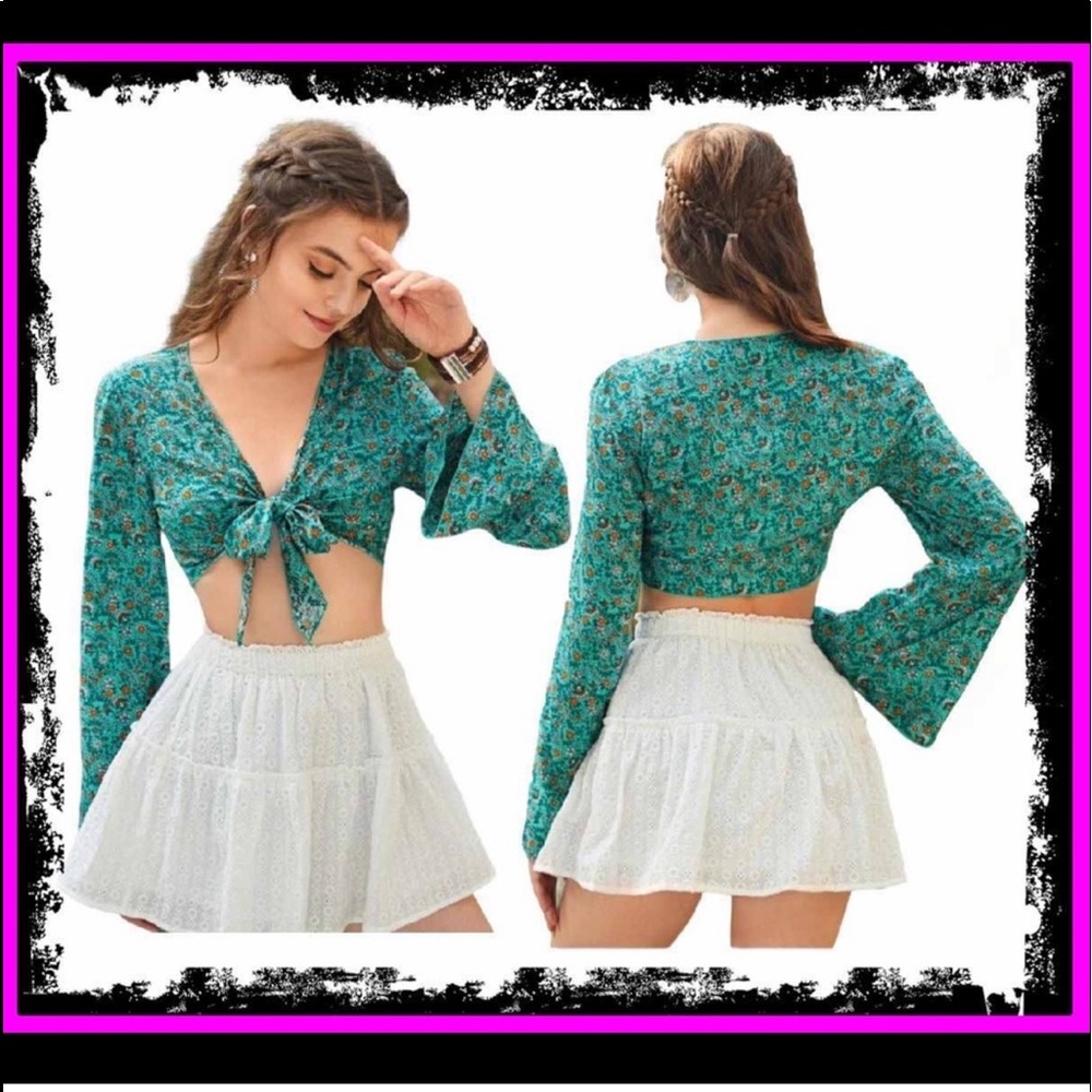 New Boho Floral Green & Orange Ditzy Bell Sleeve Tie Front Crop Kimono Top - Picture 9 of 16